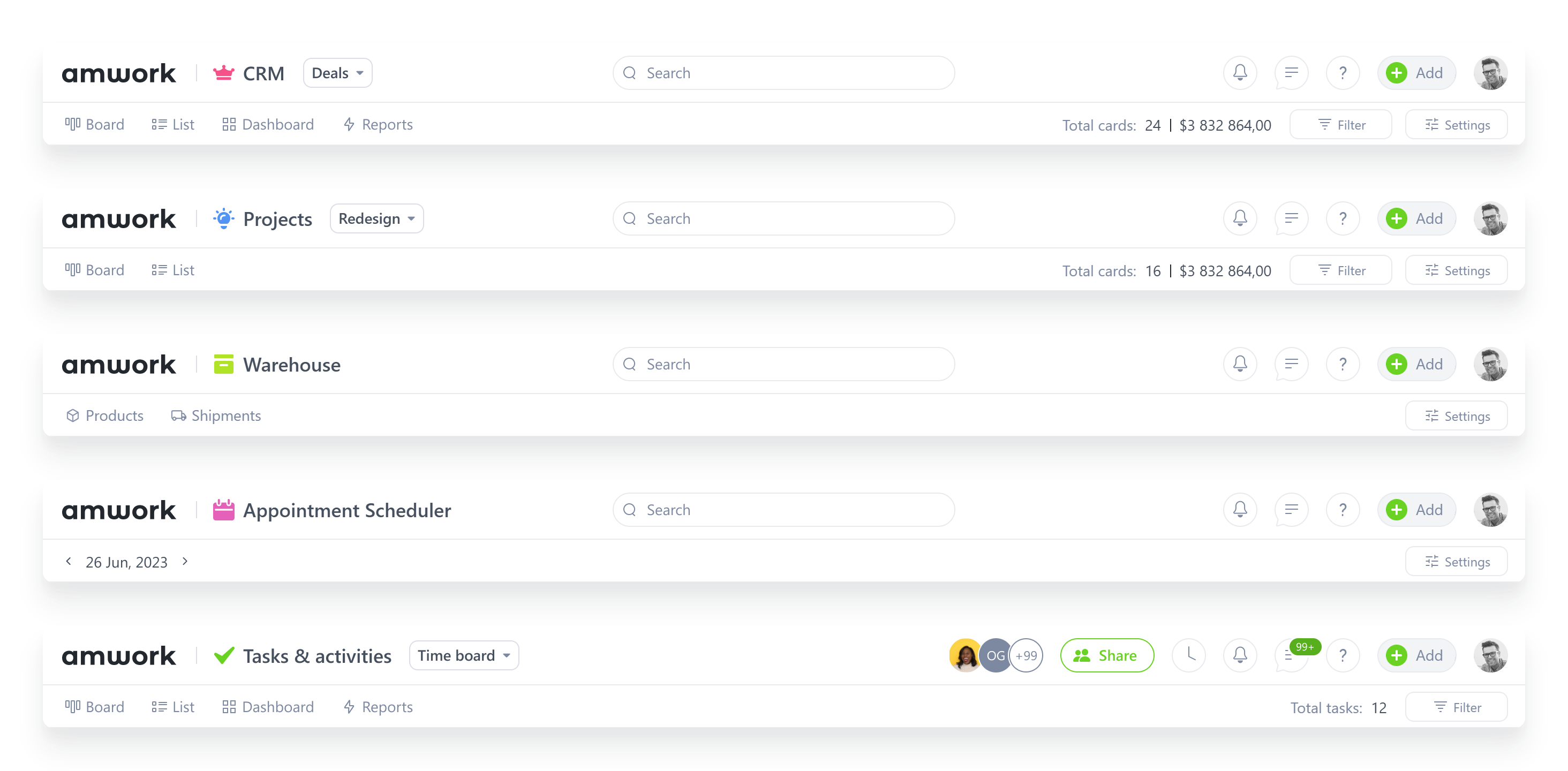 The headers of five Amwork modules, stacked: CRM, Projects, Warehouse, Appointment Scheduler, and Tasks & activities. Each has the same top row, the logo, the module’s coloured icon and name, the search in the middle, then notifications, messages, help, an Add button and the account; below it, each module’s own views with their icons, totals and buttons, Filter and Settings.