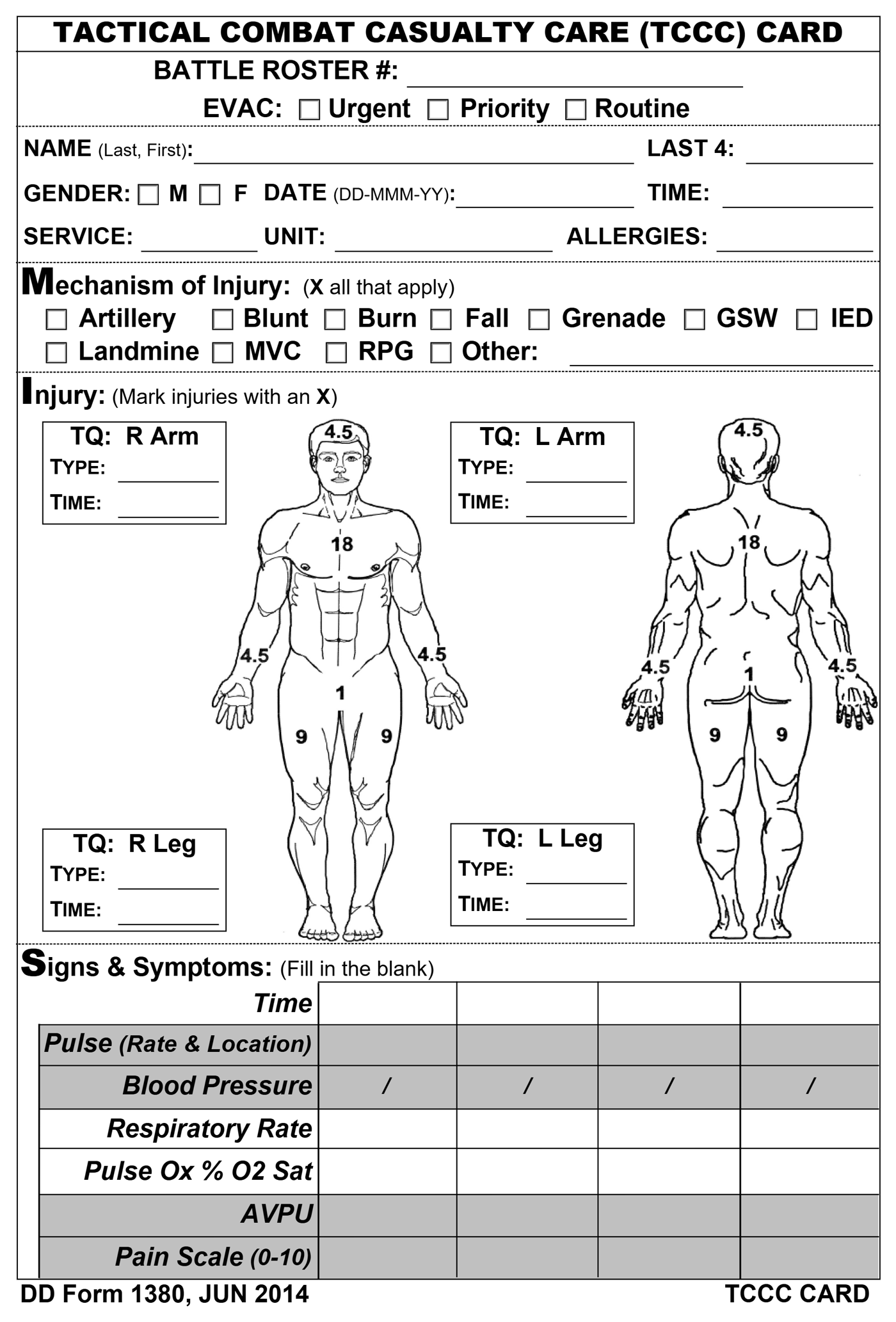 The front of the paper TCCC card, DD Form 1380 (June 2014): battle roster, evacuation priority, mechanism of injury, body diagrams with tourniquet boxes, and a grid of signs and symptoms.