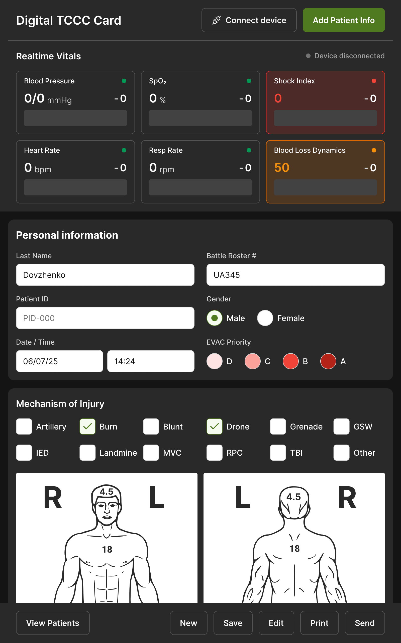 The first screen of the card: realtime vitals at the top, then white input fields and white body-diagram panels on dark grey sections, the button bar at the foot.
