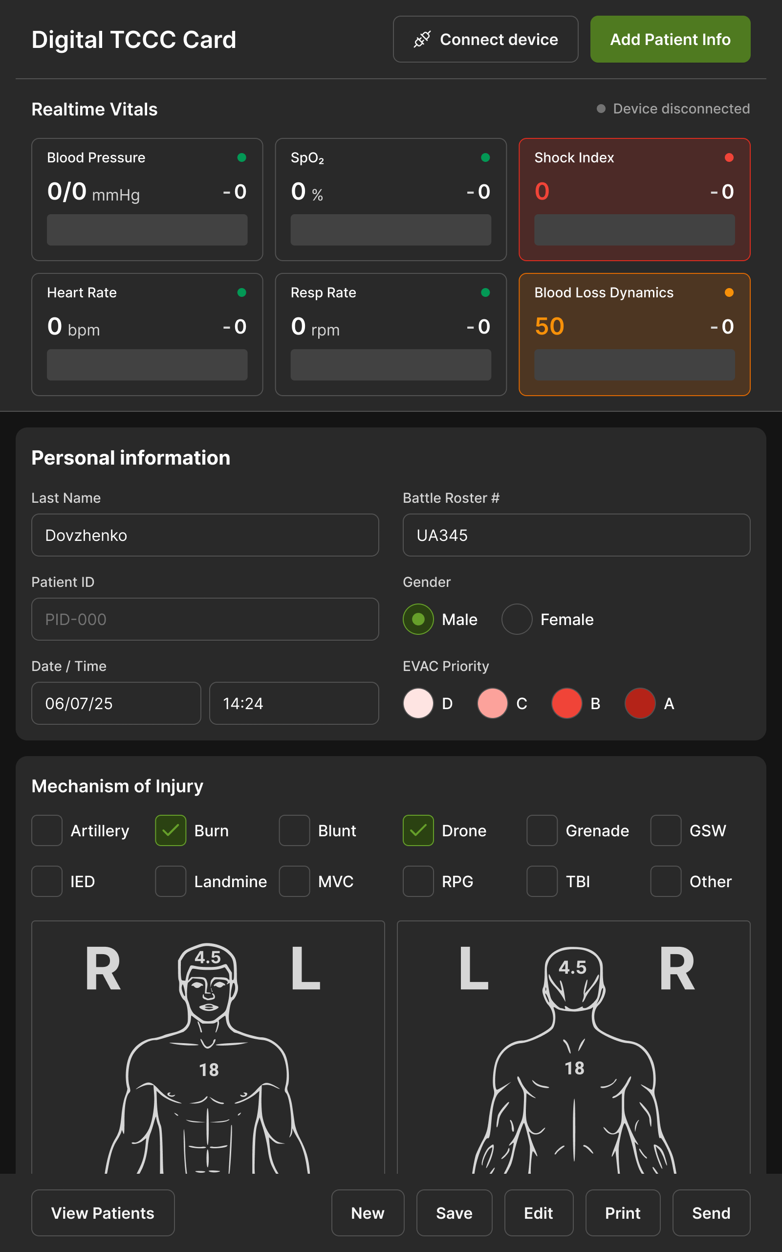 The same first screen in the full dark theme: input fields and body-diagram panels dark with a thin edge, the body figures drawn in light lines.