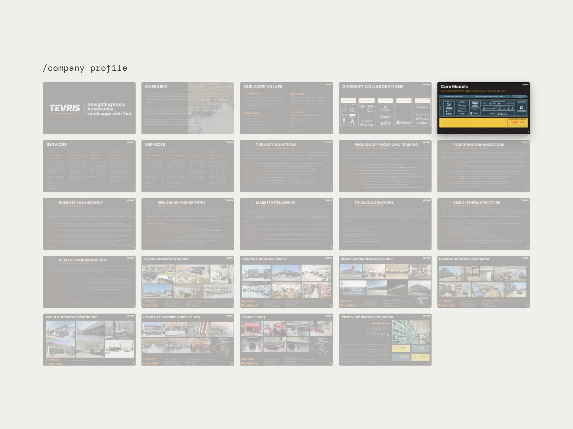 The company’s profile, labelled /company profile: twenty-four dark presentation slides in a grid, all faded except the fifth, Core Models, which stands out whole.