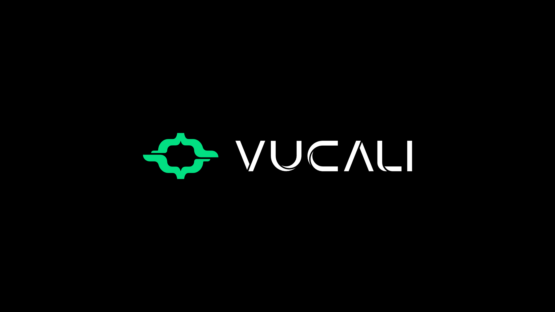 The client's brand book, the lockup: the VUCALI logo, its mark drawn from a pair of code braces, in green and white on black.