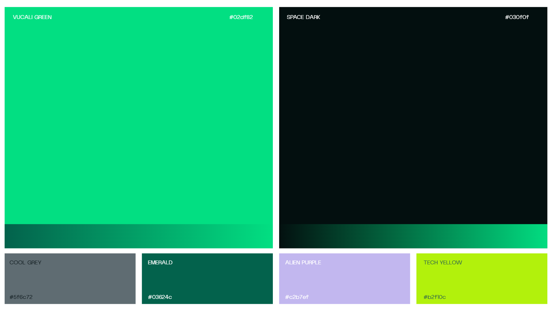 The palette: Vucali green #02DF82 and Space dark #030F0F, with Cool grey, Emerald, Alien purple and Tech yellow as accents.