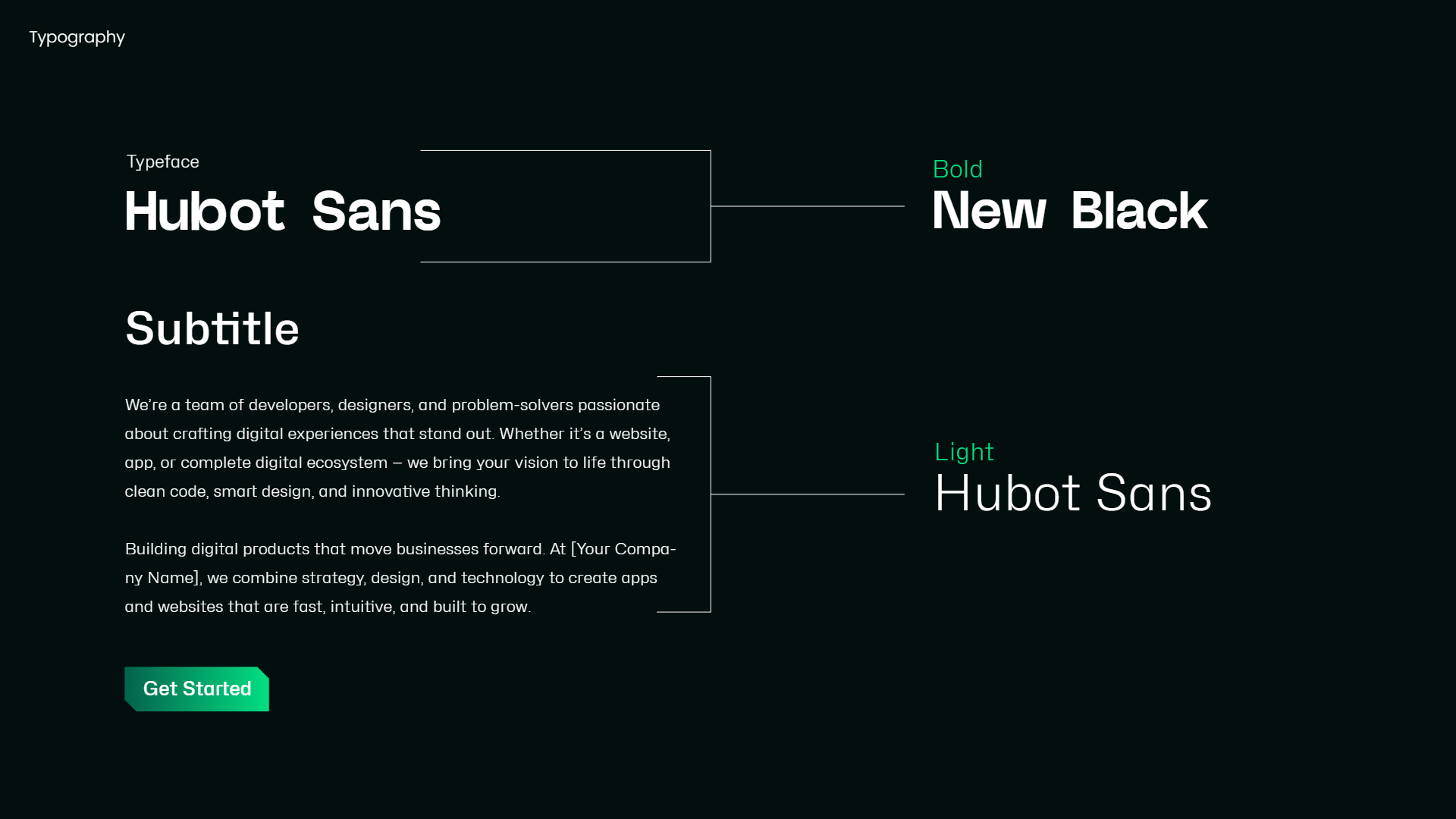 The typography: Hubot Sans, bold for headings and light for text, with a sample paragraph and a button.