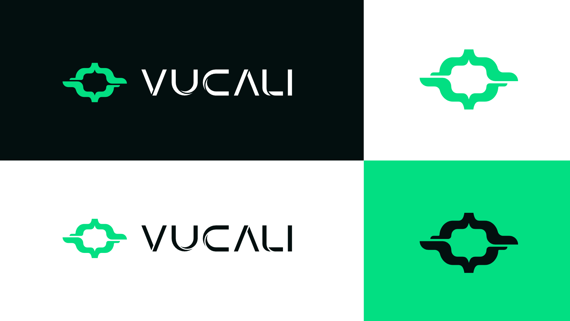 The logo and its mark on dark, light and green grounds.